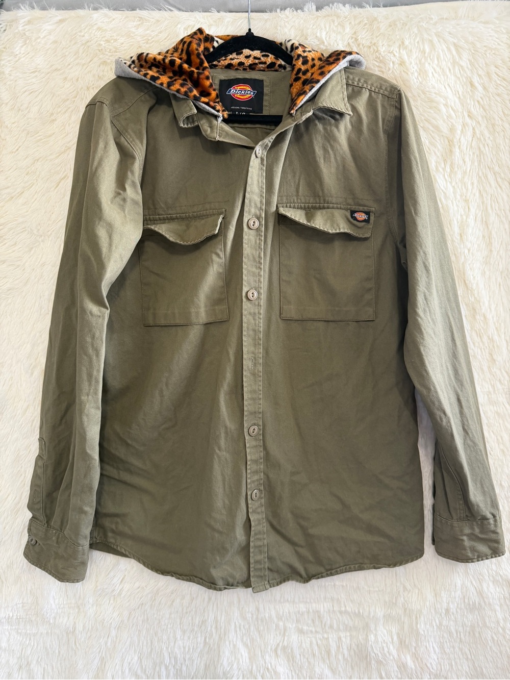 Dickies Womens Hooded Shacket Size L Green Leopard Lined Hood Unique Streetwear